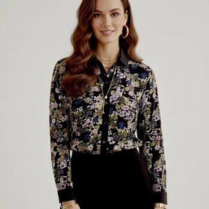 Coincidence & Chance Floral Blouse  M Button Front Contrast Collar Pockets